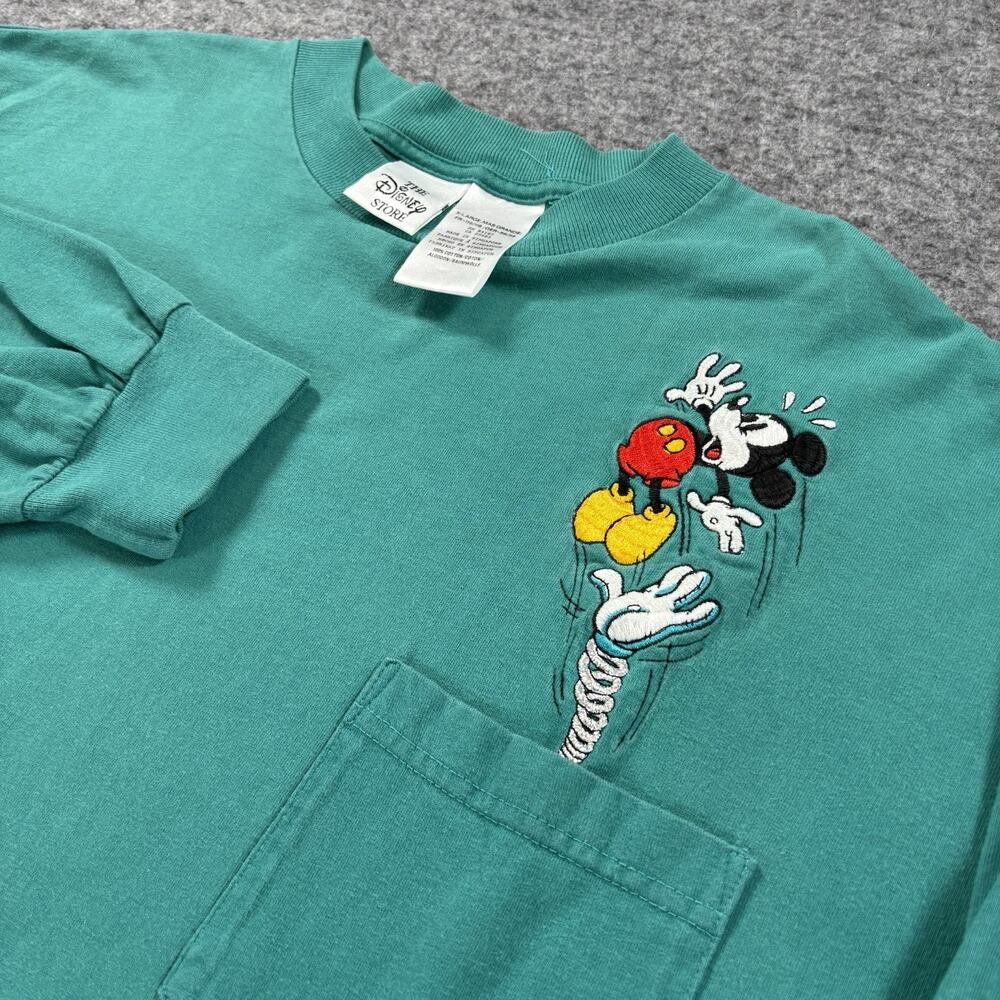Vintage Disney Store Mickey Mouse Spring Pocket Long Sleeve T Shirt XL Teal